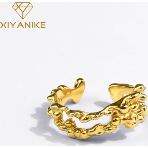 XIYANIKE 925 Sterling Silver Double Layer Irregular Lava Ring Female French Fashion Uneven Unique Design Handmade Jewelry Gift
