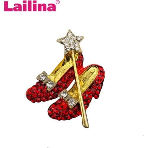 Gold-Tone Red Crystal Shoes and Star Lapel Pin Shoes High End Costume Jewelry Brooch Pin