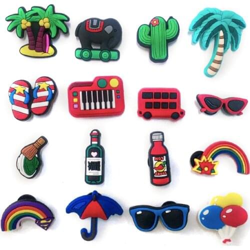 16 Pcs Coconut Tree Rainbow Glasses PVC Shoes Charms For Shoe Accesory Sandals Shoes Decoration Children Gift