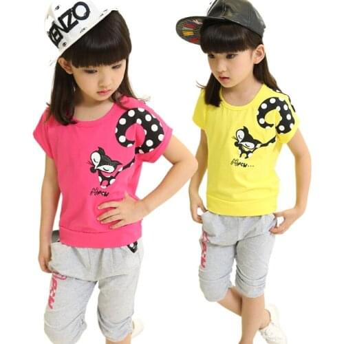 Girls Clothing Suits Summer Cartoons Fox Print T-shirt and Letter Shorts 2Pcs for Kids Clothing Sets Teens Mixed Cotton Outfits