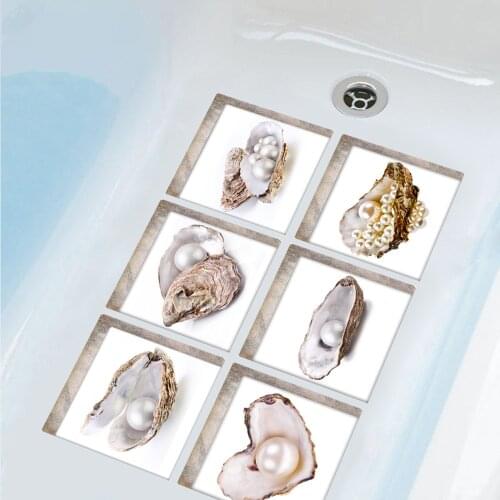 6pcs/set 3D Bathtub Stickers Non Slip Waterproof Bath Stickers Bathroom Decor Wall Sticker Home Decoration Pearl Shell 15x15cm