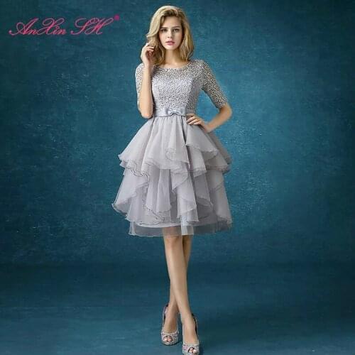 AXJFU new spring grey lace evening dress the bride princess evening dress graduation dinner party short evening dress