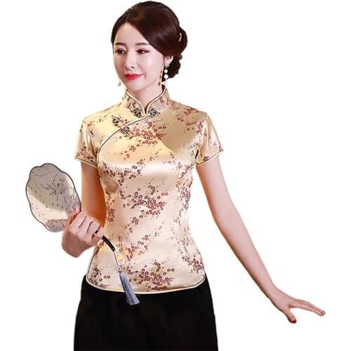 Blouse women Chinese Plum Blossom Short Sleeve Stand Collar Buttons Slim Blouse Shirt рубашка женская blusas mujer de moda 2020