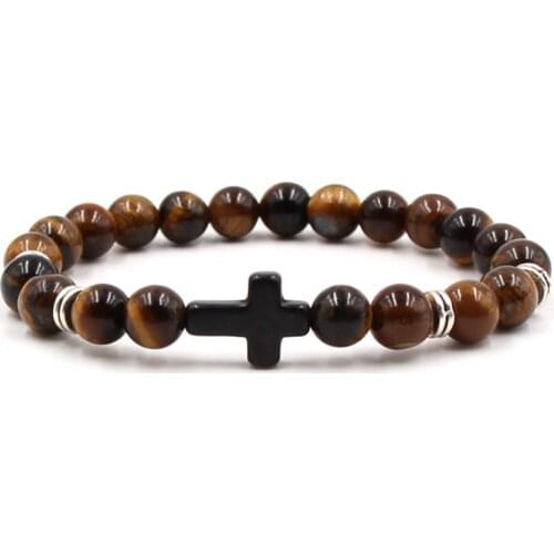 Trendy 8mm Natural Black Volcanic Lava Stone Beads and 15 colors Stone distance Bracelet Cross Bracelets for Women&Men Jewelry