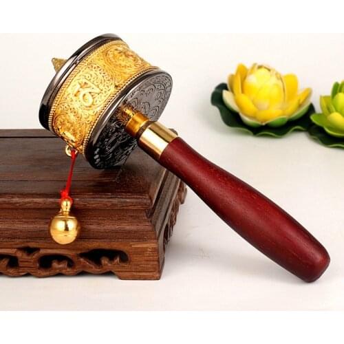 Extremely Exquisite Gilt Carving Hand Cranking Prayer Wheel with Pendant High Grade Tibetan Buddhist Tantric Musical Instruments