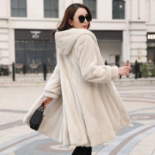 Denmark Mink Whole Fur Women X-Long Coat Winter Thick Slim Warm Female Mink Fur Long Hood Jacket