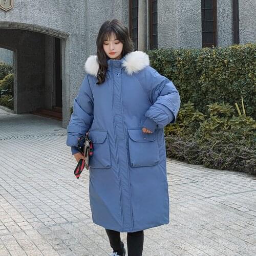 Korean Style X-long Womens Winter Coat Hooded Thick Jacket Women With Fur Collar Solid Loose Cotton Padded Outwear Female Parka
