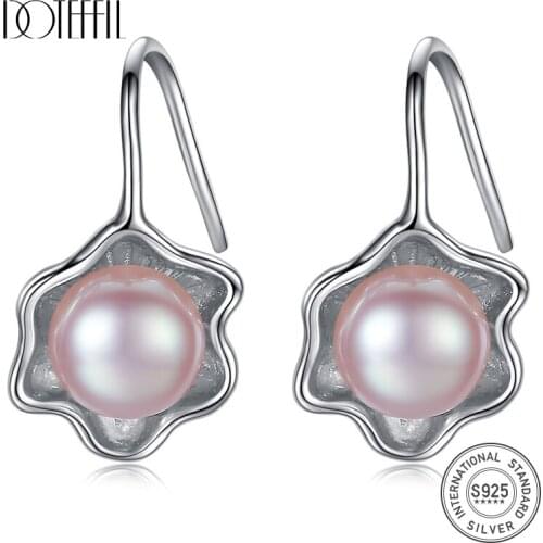 DOTEFFIL White/Pink/Purple 10mm Natural Pearl 925 Sterling Silver Earrings For Women Wedding Engagement Charm Jewelry