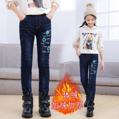 Winter 2019 Fleece Jeans for Children Girls Casual Teenage Thicken Warm Embroidered Trousers 4-14 Years Washing Blue Baby Jeans