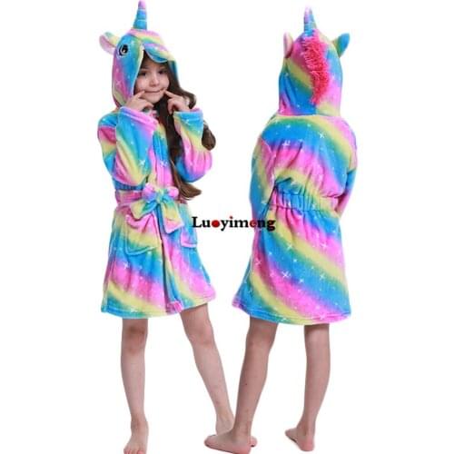 Girls Baby Flannel Bathrobes Pajamas Unicorn Nightgown Winter Kids Long-sleeve Robes Animal Sleepwear Stitch Hooded Pyjamas Robe
