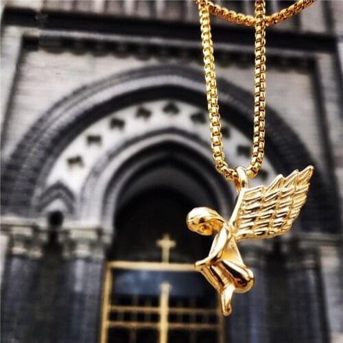 Punk Classic Vintage Angel Wings Pendants Necklaces New Fashion Men Stainless Steel Chain Necklace for Valentines Day Gift