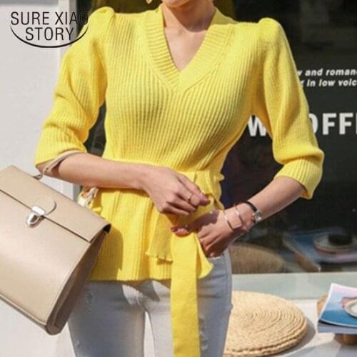 Korean Slim Candy Color Sweater Autumn 2021 Womens Elegant Tie Waist Puff Sleeves V-neck Collar Fork Sweater Knitwear 16488