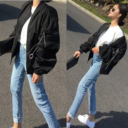 New Spring Autumn Loose Basic Jacket Womens Long Sleeve Short Coat Student BF Black Baseball Jackets Outwear LX165