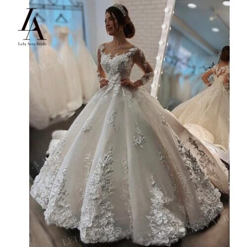 LelaAcra Wedding Dresses 3D Flowers Ball Gown 2021 Scoop Appliques Long Sleeve Bridal Princess LI56 Plus Size Vestido De Novia