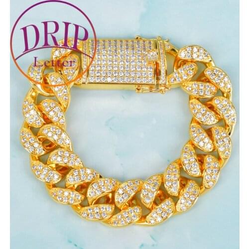 20mm Cuban Link Chunky Bracelet Gold Color Bling Iced Zircon For Men Hip Hop Rock Jewelry