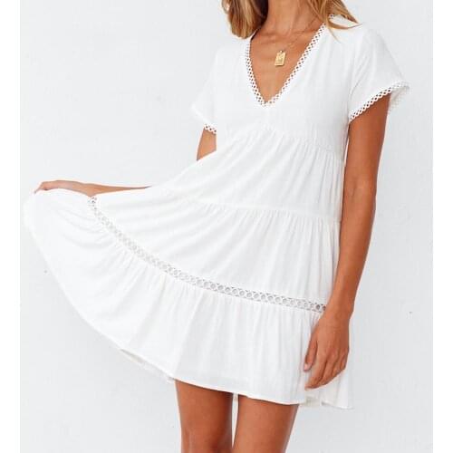 Puloru Casual Women Solid Color Short Sleeve Dress Summer Lace Frim V-Neck Ruffles A-Line Mini Dress Vacation Plain Beach Dress