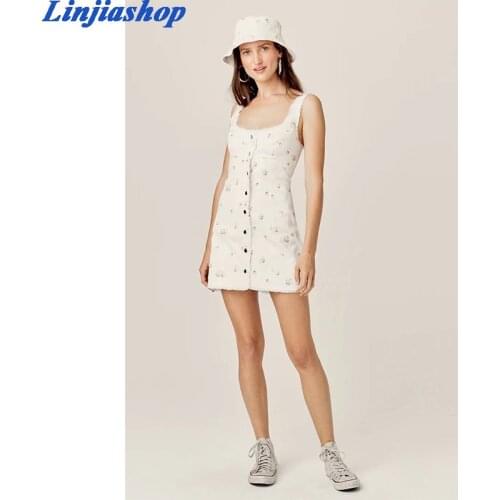 Daisy floral print embroidery dress women sleeveless round neck fashion female fashion summer mini dress vestidos