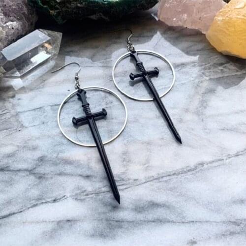 Black Sword Hoop Earrings Classic Eardrop Big Sword Fashion Punk Statement Jewellery Novel Charm Women Men Gift Gothic Mystical