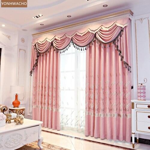 Custom curtains luxury European chenille bedroom embroidered pink thick cloth blackout curtain valance tulle drape C899