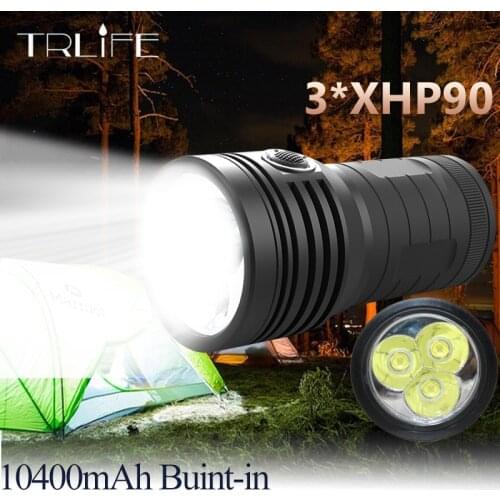 Ultra Powerful 10400mAH 3*XHP90 LED Searchlight Flashlight Quad Core Built-in 18650 Battery USB Waterproof T6 Camping Light