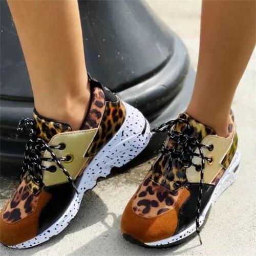 Spring Ladies Sports Sneakers Casual Soft Comfortable Shoes Women Mixed Colors Flat Leopard Lace-Up Sneakers Plus Size Autumn