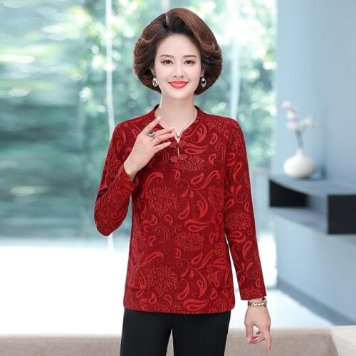V-neck Women Long Sleeve T-shirt Tops Middle Age Mother Clothing Slim Pullovers Spring Autumn Plus Size 5XL Tee Shirts Femme