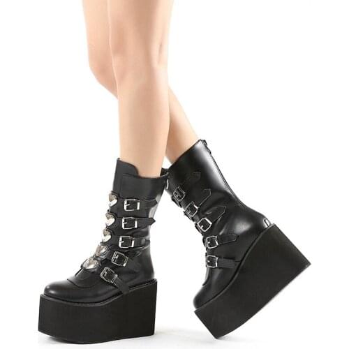 Womens Platform Wedges Boots 2021 Autumn Winter Ladies Square Buckle Fashion 10.5 cm High Heel Punk Boots Womens Shoes 42 43
