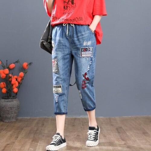 Plus Size Womens Elastic Waist Casual Cropped Jeans Vintage Embroidery 3/4 Long Denim Pants