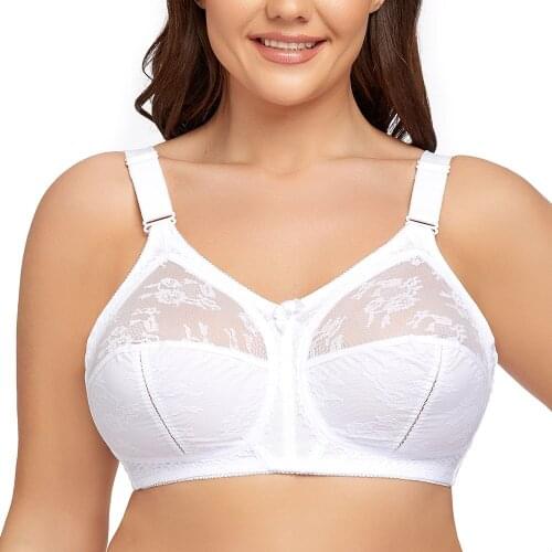 Plus Size Lace Bra Women Unlined Full Coverage Ultra Thin Wireless Adjusted-straps White Big Minimizer Bras D E F G H I