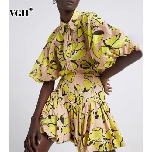 VGH Vintage Print Two Piece Set For Women Lapel Lantern Long Sleeve Tops High Waist Mini Skirts Female 2021 Spring Fashion Style