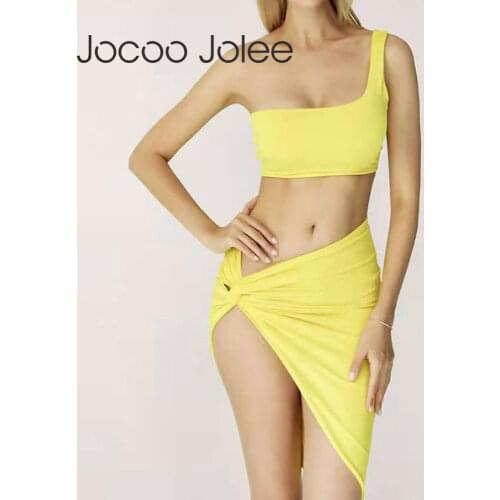Jocoo Jolee women summer sexy solid one-shoulder irregular pleated party club tank top and mini skirts two-piece set