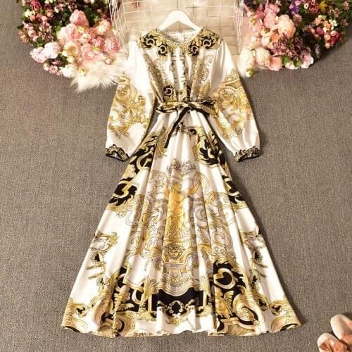 FTLZZ Women Spring Autumn Vintage O-neck Print Puff Sleeve Dresses Female Bohemian Bandage High Waist A-line Lady Midi Dress