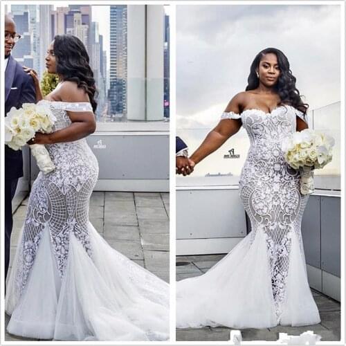Plus Size Lace Mermaid Wedding Dresses Off The Shoulder Tulle Appliqued Court Train Bridal Gowns Robe de soriee