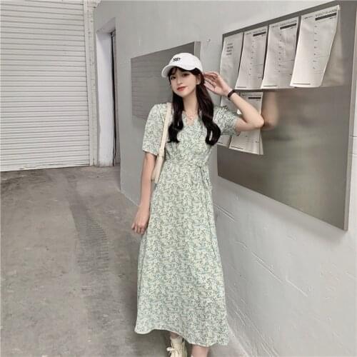 Dress V-neck Short-sleeved Floral Dress Female Summer New Style Korean High Waist Slim Dress