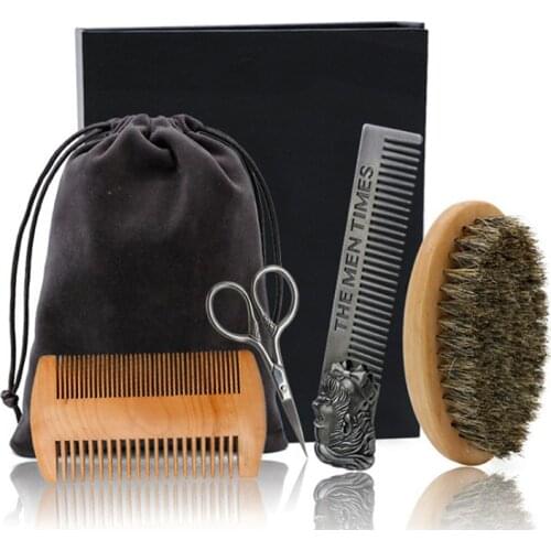 4pcs/Set Beard Brush Set Double-sided Styling Comb Scissor Repair Modeling professional Mens Cleaning Care Kit Hot Sale
