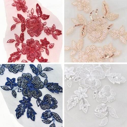 1Pcs 32X16cm Wine red Orange Navy White Delicate Head Ornaments Lace Applique Lace Trim With Beads Dress DIY Lace Accessories