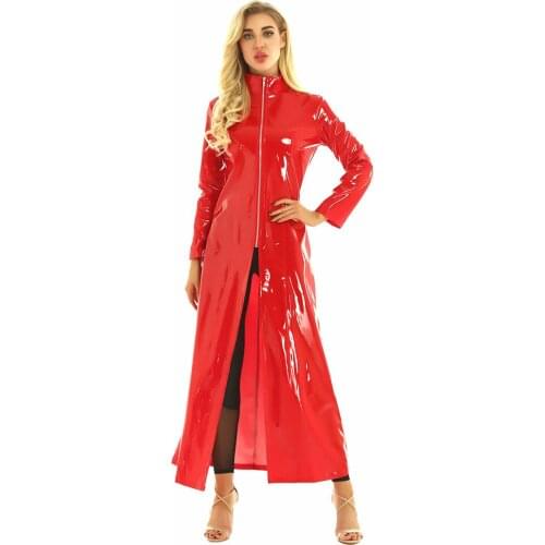 24 Colors Split Long Sleeve Zipper Front Dress Women Fashion High Neck Ankle Length Dress Wetlook PVC Party Cosplay Costume