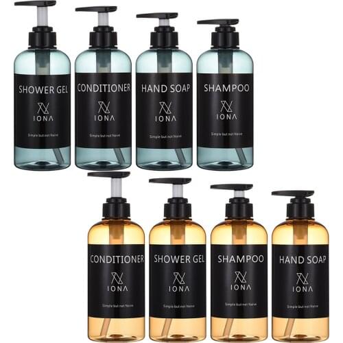 4pcs Bathroom Soap Dispenser Set 500ml Refillable Empty Press Bottles with Waterproof Labels Lotion Shampoo Conditioner