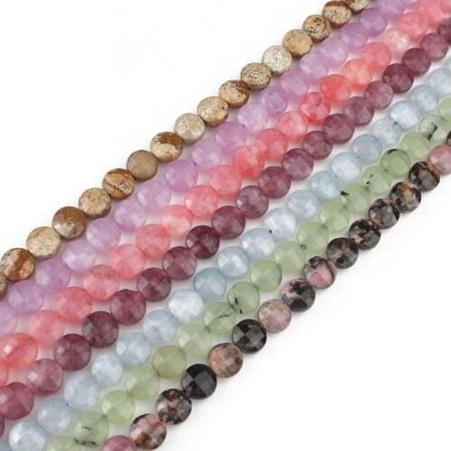 6*6mm Natural Stone Beads Faceted Aquamarina Prenites Pink Chalcedony Jades Coin Beads For DIY Jewelry Making Bracelet 15