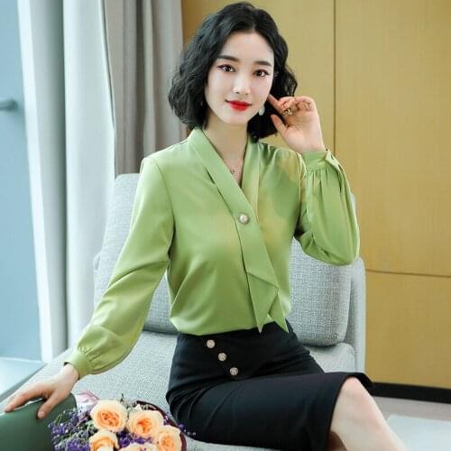 IZICFLY New Fall Spring Green White Collar Shirt Woman Top Casual Korean Slim Office Uniform Business Dames Blouse Plus Size