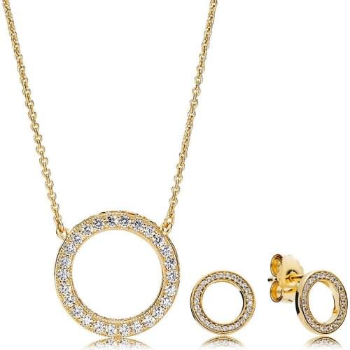 2018 NEW 100% 925 Sterling Silver Shine Gold Forever Necklace and Earring Set Fit European Girl Charm Original DIY Jewelry Gift