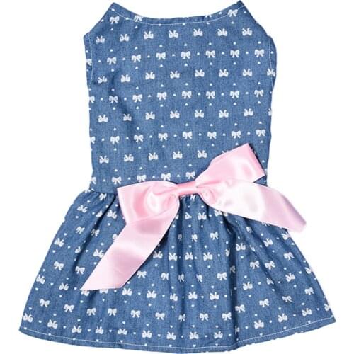 High Qualiyt Summer Dog Dresses Jeans Pet Princess Dress Polyester Cute Puppy Dog Skirt Dress Pet Clothes with Bowknot XS/S/M/L