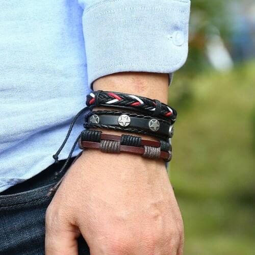 Multilayer Charms Bracelets Set for Men Vintage Leaf Braided Leather Bracelet Bangles Male Wristband Jewelry