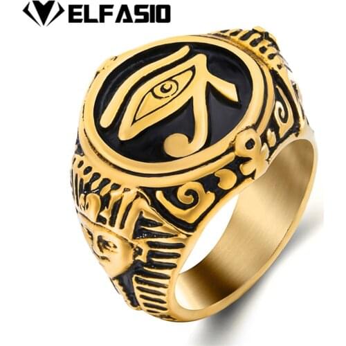 Mens Gold plated Egyptian Pharaohs Eye of Horus Ra Udjat Stainless Steel Ring Hip-hop Jewelry Size 7-15