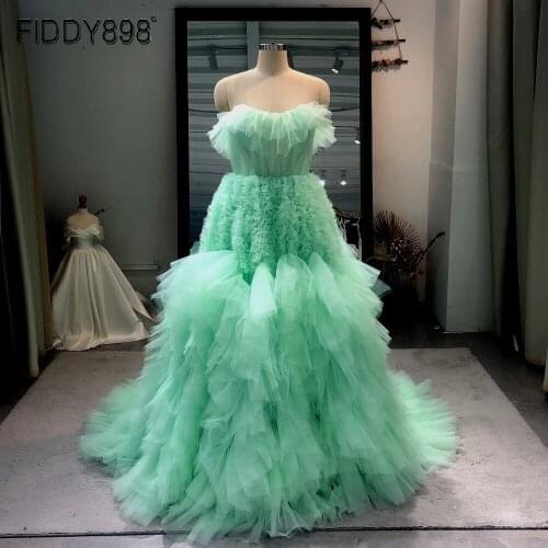 Fancy Ruffles Evening Dresses 2021 A-Line Sweetheart Strapless Long Tulle Party Gowns For Birthday Girls Beautiful Formal Wear