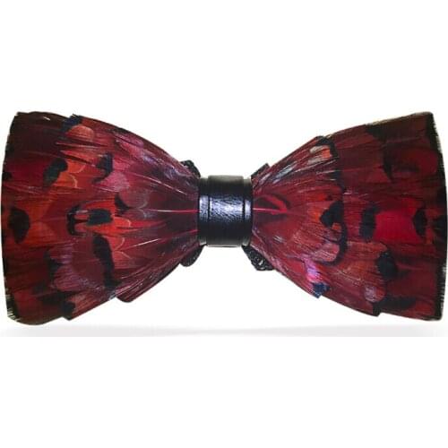 New Mens Creative Feather Bow Tie, Deep Red, Hand Made, with Gift Box Luxury for Wedding Party Business Dress Groom Best Man