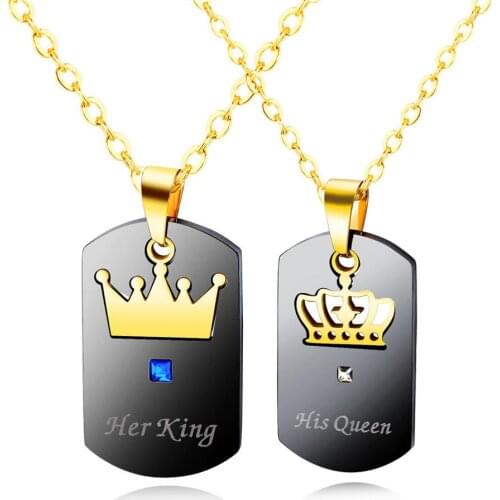 BONISKISS Her King & His Queen Crown Couple Necklaces Stainless Steel Charm Love Pendants Dog Tag Crystal Jewelry Droshipping