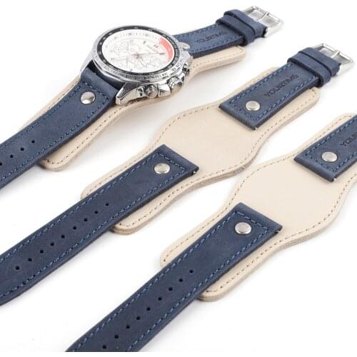 Genuine Leather Watchband 22mm Strap With Mat Handmade Mens Wrist Watch Band Blue White Tray Bands Bracelet Watch Accessories
