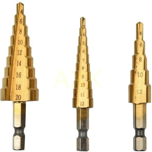 3pcs Step Drill Bits Hss Steel Titanium 3-12mm 4-12mm 4-20mm Step Cone Cutting Tools Steel Woodworking Wood Metal Drilling Set