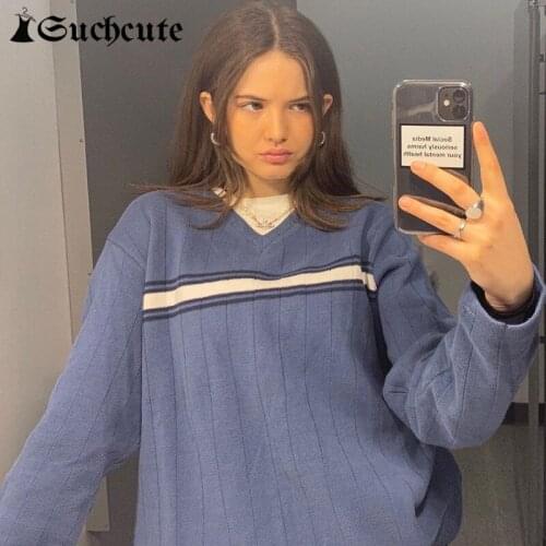 SUCHCUTE Streetwear E-Girl Sweater Vintage Striped Women Pullover Y2K V Neck Long Sleeve Casual Knitted 90s Outfits Autumn